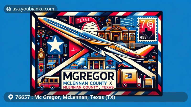 Creative illustration of McGregor, McLennan County, Texas (TX), designed as an air mail envelope with Texas state symbols, McLennan County's map outline, and McGregor landmark, including ZIP Code 76657 and postmark.