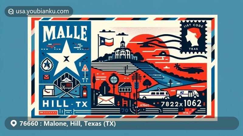 Modern illustration of Malone, Hill County, Texas, showcasing postal theme with ZIP code 76660, featuring Texas flag, Hill County outline, and Malone cultural symbols.