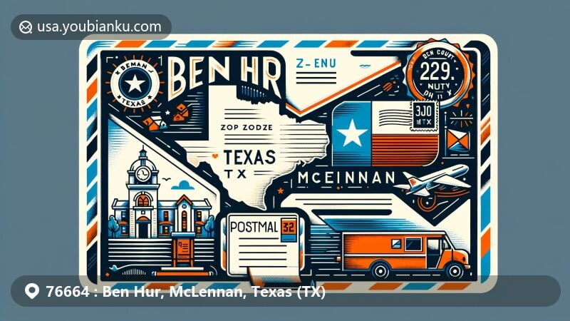 Modern illustration of Ben Hur, McLennan County, Texas, featuring postal theme with elements like Texas state flag, McLennan County map, and local landmarks.