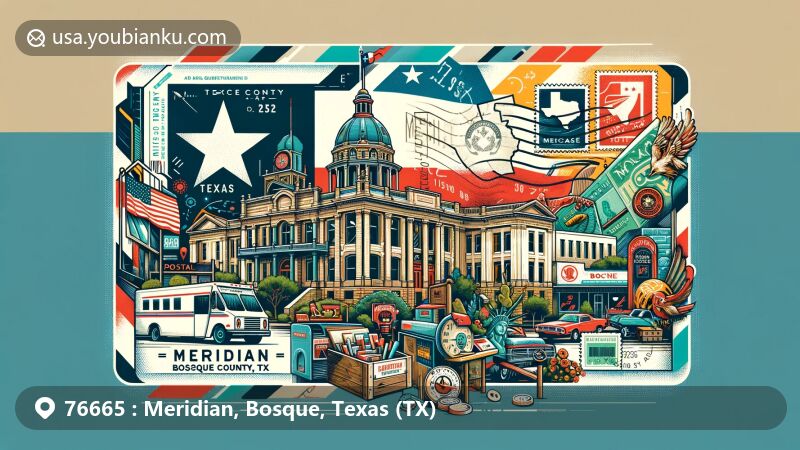 Modern illustration of Meridian, Bosque County, Texas, with postcard or airmail theme, showcasing Courthouse and other local landmarks, including Texas state flag and Bosque County map shape.