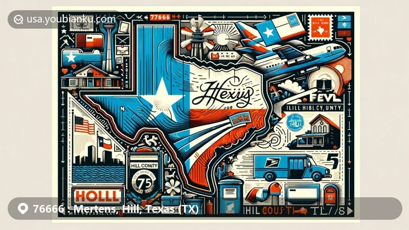 Modern illustration of Mertens, Hill County, Texas, featuring postal theme with ZIP code 76666, showcasing Texas state flag, Hill County silhouette, and local landmarks.