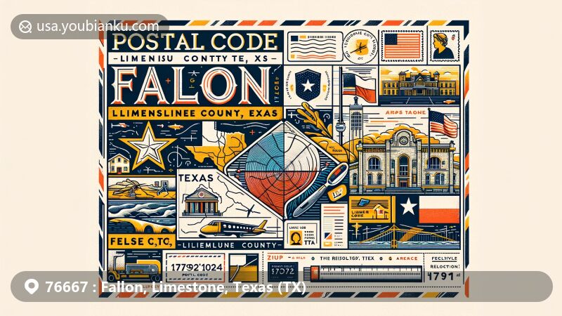 Modern illustration of Fallon, Limestone County, Texas, featuring Texas state flag, Limestone County outline, iconic landmarks, and postal elements, designed for ZIP code webpage.