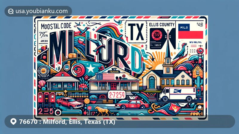 Modern illustration of Milford, TX in Ellis County, Texas, featuring postal theme with ZIP code, showcasing iconic Texas elements and unique characteristics of Milford and Ellis County.