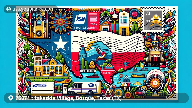 Modern illustration of Lakeside Village, Bosque County, Texas, capturing the essence of a vibrant postcard with Texas state flag, Bosque County outline, and local landmarks. Includes postal elements like stamps, ZIP code postmark, mailbox, and postal van.