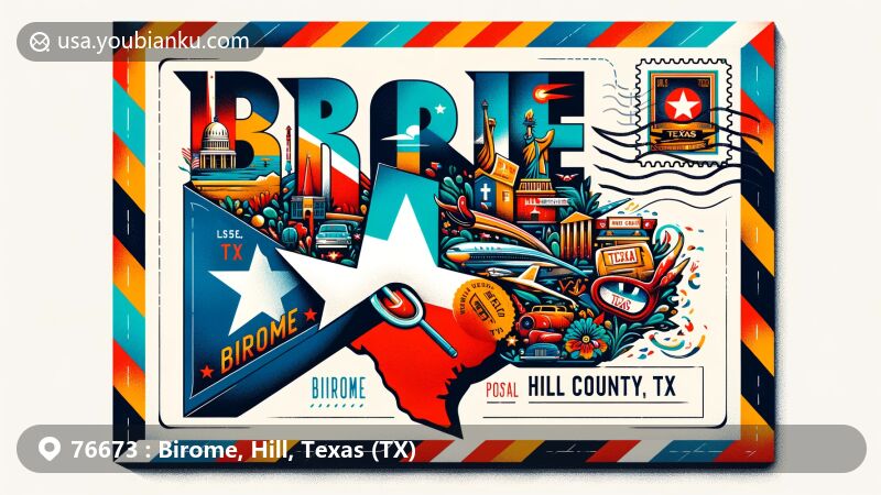 Modern illustration of Birome, Hill County, Texas, showcasing a creative airmail envelope with Texas flag, Hill County outline, and Texan symbols like cowboy hat and longhorn.