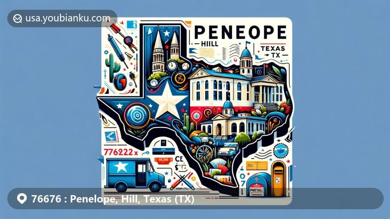 Modern illustration of Penelope, Hill County, Texas, highlighting postal theme with ZIP code 76676, featuring local landmarks, architectural elements, and Texas state symbols.
