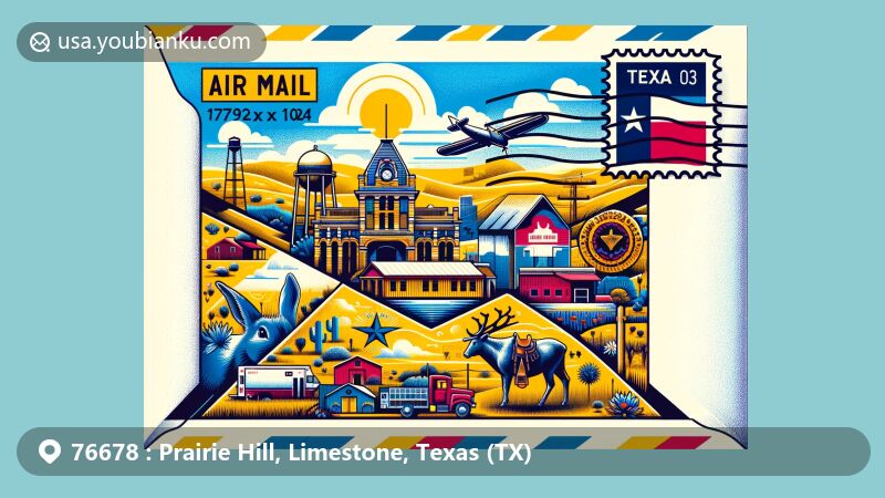 Artistic representation of Prairie Hill in Limestone County, Texas, resembling an air mail envelope with Texas state flag stamp, showcasing local landmarks and cultural symbols.