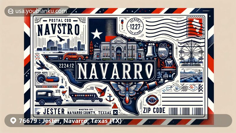 Modern illustration of Jester, Navarro County, Texas (TX), inspired by postal theme with detailed map outline, state flag, and local landmarks, featuring airmail envelope design.