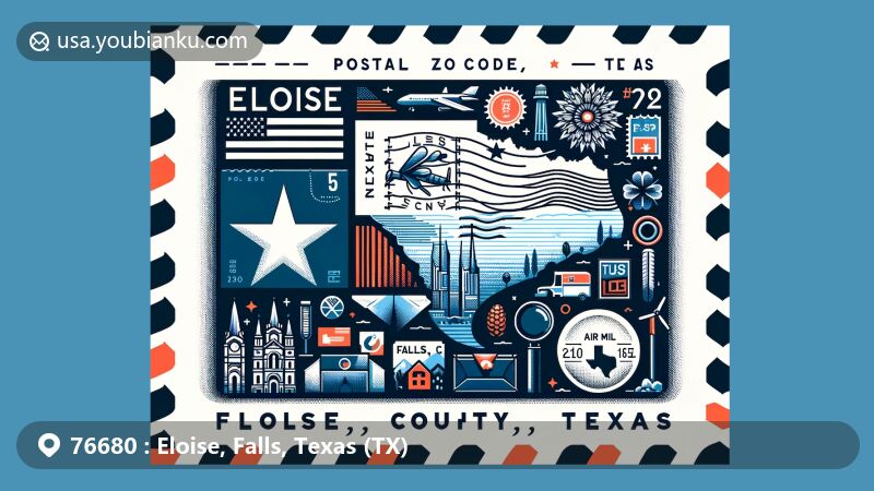 Modern illustration of Eloise, Falls County, Texas, featuring Texas state flag, Falls County outline, regional landmarks, and postal elements like postage stamp, postmark, and 'ZIP Code'.
