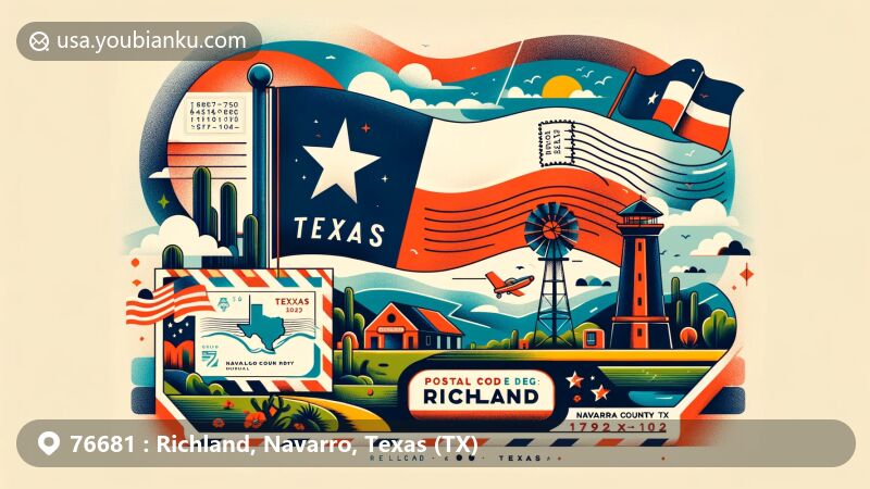Modern illustration of Richland, Navarro County, Texas, with postal theme showcasing distinctive landmarks, Texas flag, and ZIP code, blending regional and postal elements.