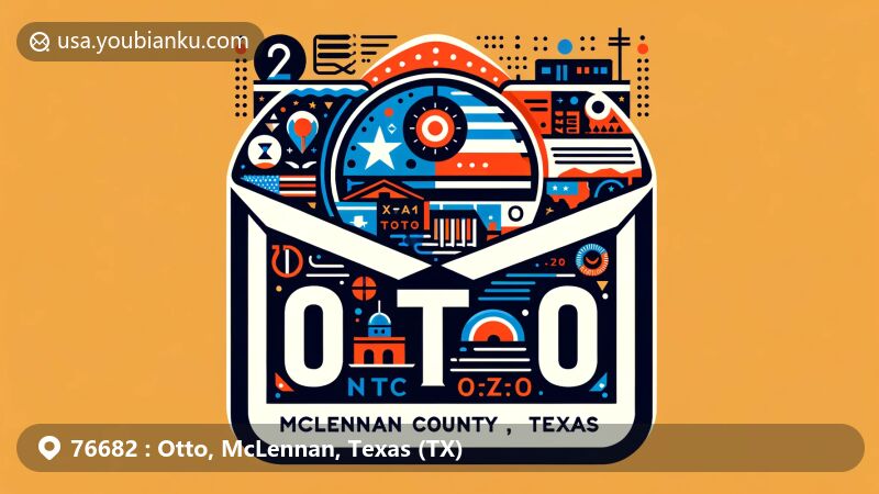 Vibrant illustration of Otto, McLennan County, Texas (TX), with a stylized airmail envelope showcasing ZIP code, Texas state flag, McLennan County outline, and local landmarks or cultural symbols.