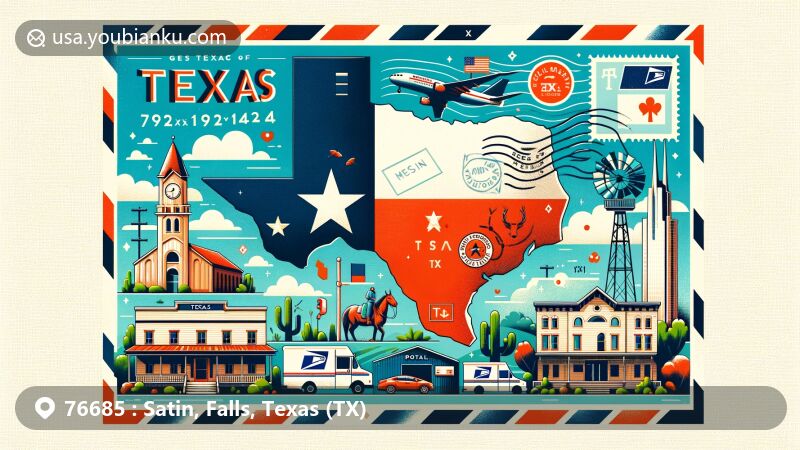 Modern illustration of Satin, Falls County, Texas, showcasing postal theme with ZIP code, featuring state flag and postal elements like stamps, postmark, mailbox, and mail truck.