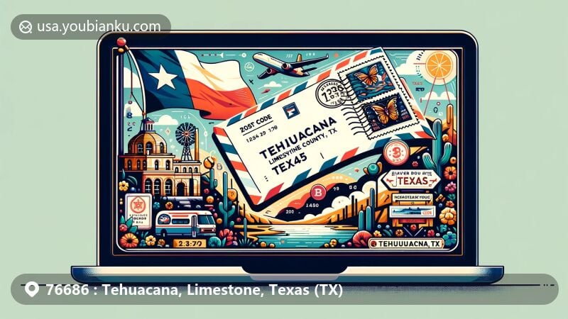 Modern illustration of Tehuacana, Limestone County, Texas, showcasing postal theme with prominent ZIP code details and creative postcard design, surrounded by iconic Texas, Limestone County, and Tehuacana elements.