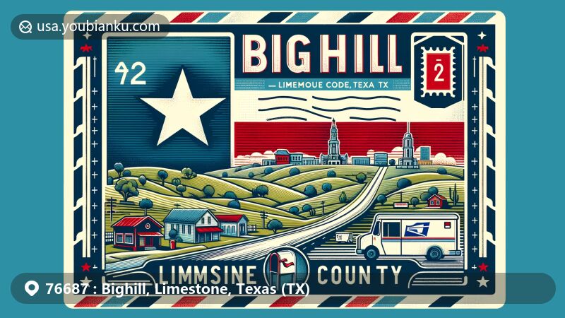 Modern illustration of Bighill, Limestone County, Texas showcasing postal theme with ZIP Code 12345, featuring the state flag of Texas, map of Limestone County, and classic American mailbox or mail truck.