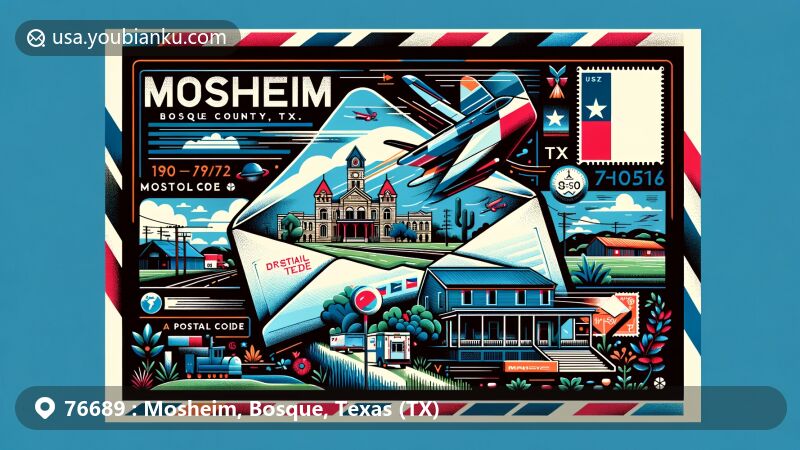 Vibrant illustration of Mosheim, Bosque County, Texas, with a modern airmail envelope design, showcasing local landmarks and Texas symbols, including the Bosque County courthouse and Texas flag.