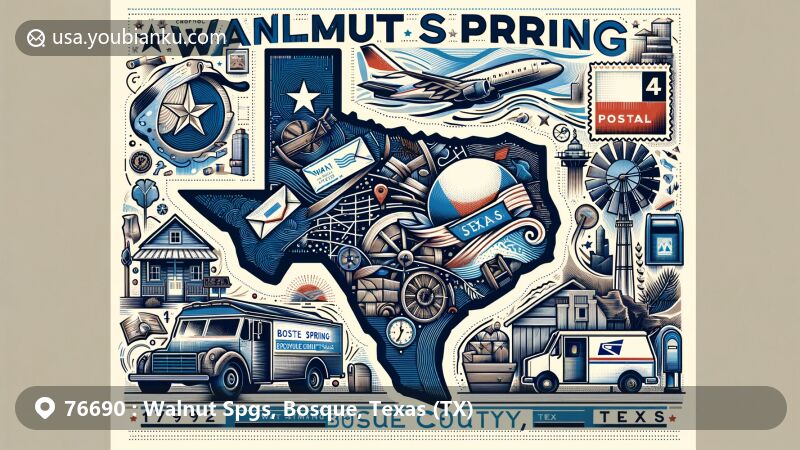 Modern illustration of Walnut Springs, Bosque County, Texas, blending regional and postal elements in a wide format. Features stylized map outline of Bosque County and iconic symbols of Texas and Walnut Springs.