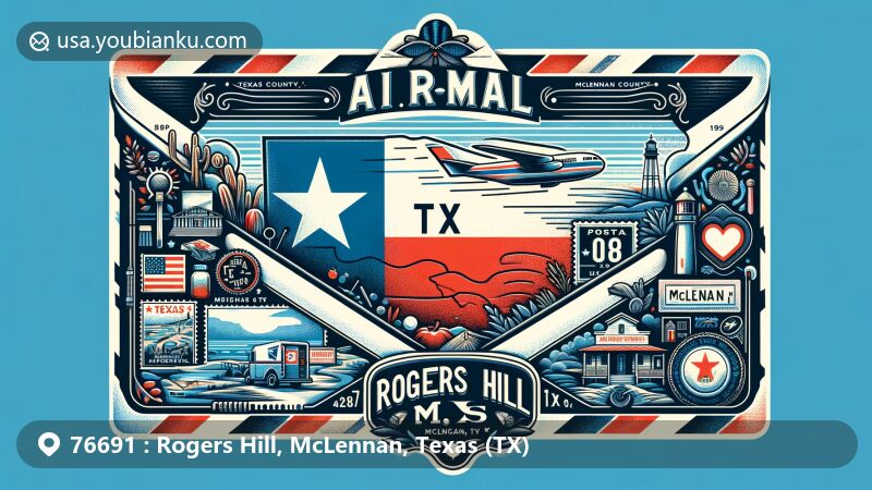 Modern illustration of Rogers Hill, McLennan County, Texas, featuring a large airmail envelope with ZIP code, Texas state flag, and postal elements, in a bright and uncluttered style.