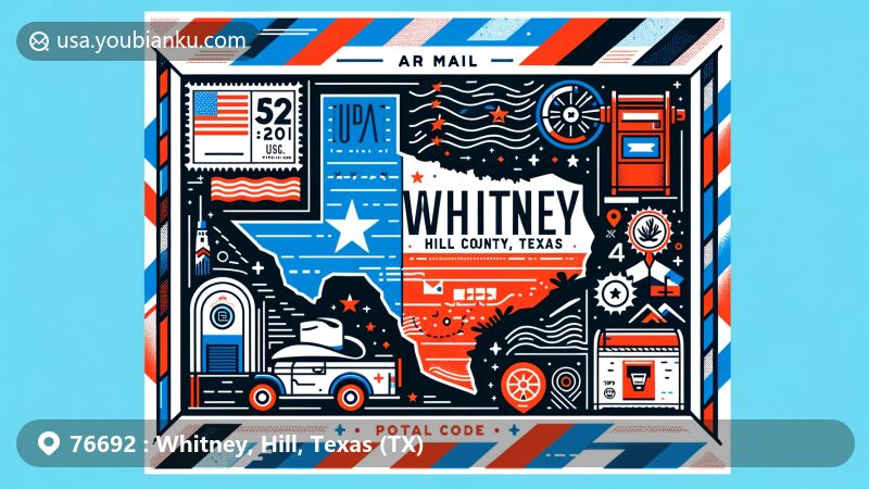 Modern illustration of Whitney, Hill County, Texas, in the style of an air mail envelope, showcasing the state outline, iconic Texas elements like the state flag and cowboy hat, along with postal features like a postage stamp, ZIP code, postmark, and red mailbox.
