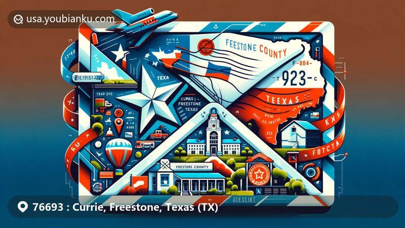 Modern illustration of Currie, Freestone County, Texas, featuring a postal theme with airmail envelope design, postage stamp, postmark, and ZIP Code, including Texas state flag and silhouette. Depicts key landmarks and cultural symbols of the area.