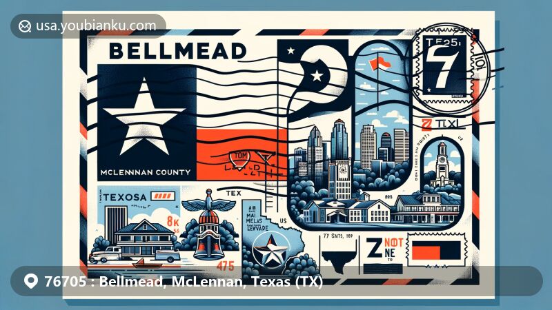 Modern illustration of Bellmead, McLennan County, Texas, showcasing postal theme with ZIP code 76705, featuring Texas state flag, McLennan County outline, and local landmarks.