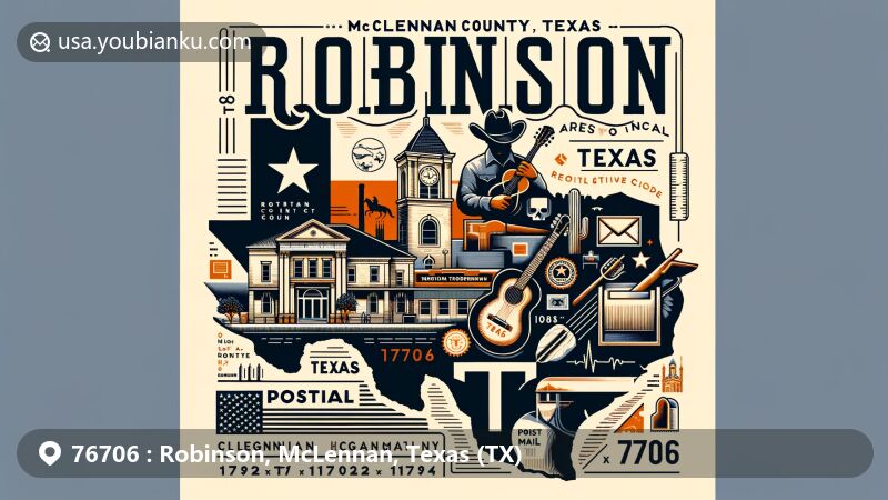 Contemporary illustration of Robinson, McLennan County, Texas, featuring state flag, county outline, and postal elements like stamp and postmark with ZIP code 76706.