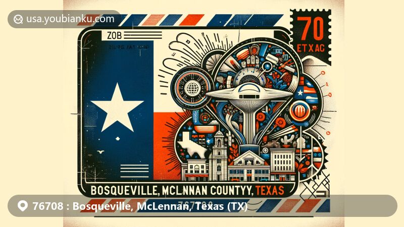 Modern illustration of Bosqueville, McLennan County, Texas, with ZIP code 76708, featuring vintage air mail envelope showcasing artistic Texas state flag and local landmarks.