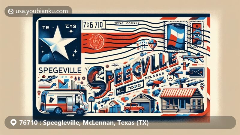 Modern illustration of Speegleville, McLennan County, Texas, highlighting postal theme with ZIP code 76710, featuring Texas state flag, McLennan County outline, and symbolic representation of Speegleville.
