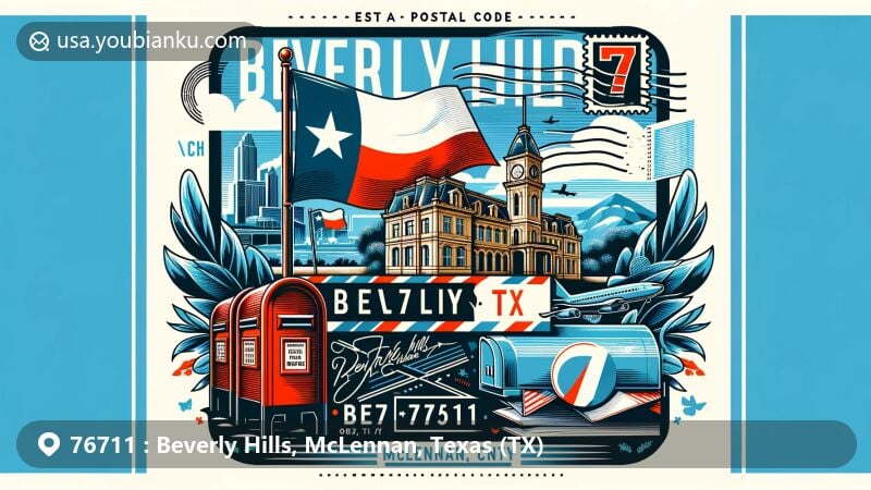 Creative illustration of Beverly Hills, McLennan County, Texas, with airmail envelope, ZIP code 76711, Texas flag, local landmark, vintage postage stamp, postmark, and red mailbox.