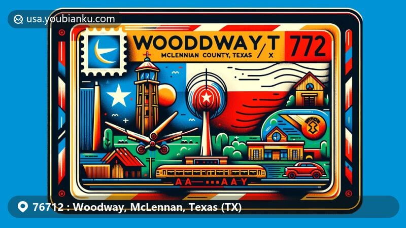 Modern illustration of Woodway, McLennan County, Texas, displaying air mail envelope with Texas state flag, McLennan County shape, local landmark, vintage stamp, and 'Woodway, TX' postmark.