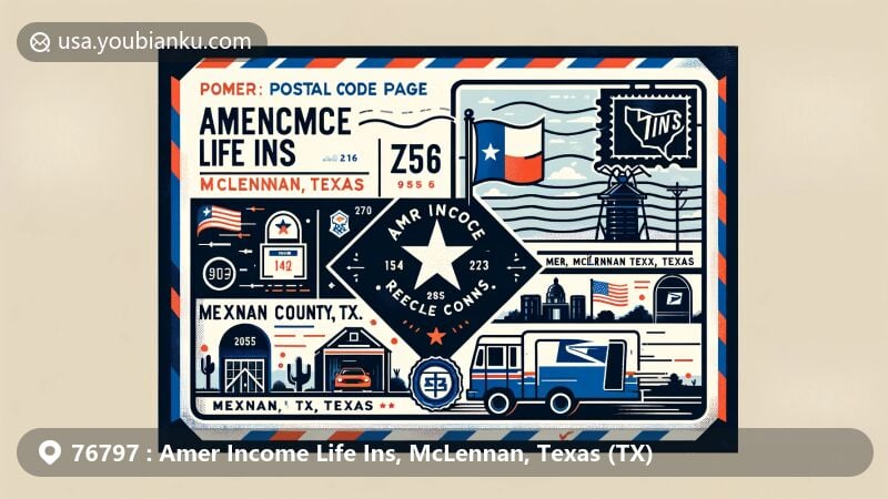 Modern illustration of Amer Income Life Ins, McLennan, Texas (TX), showcasing postal theme with ZIP Code elements and regional characteristics of McLennan County, Texas.