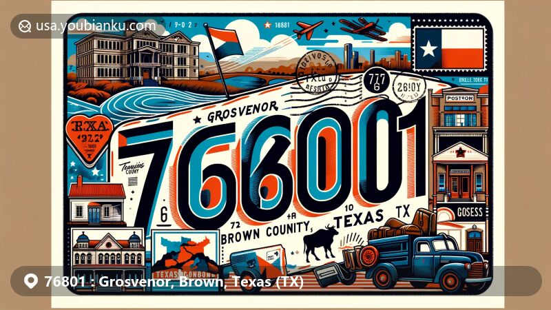 Modern illustration of Grosvenor, Brown County, Texas, blending postal elements with local landmarks and cultural symbols, highlighting ZIP code 76801 and iconic Texas imagery.