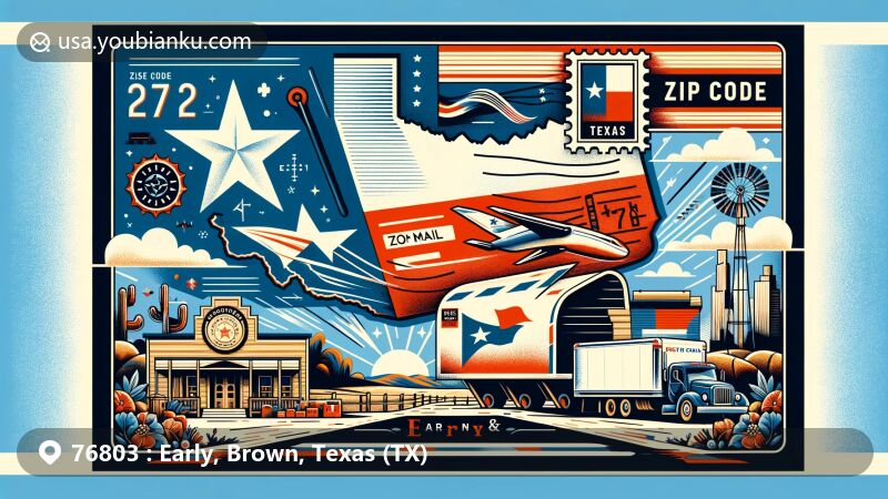 Modern illustration of Early and Brown County, Texas, highlighting postal theme with ZIP code, featuring Texas state flag on postage stamp, iconic symbols of the counties, and elements of Texan culture.
