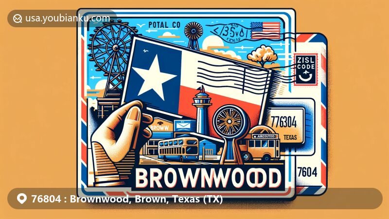 Modern illustration of Brownwood, Brown County, Texas, with postcard and airmail envelope showcasing Texas state flag, ZIP code 76804, and iconic local elements, in a vibrant and captivating style.