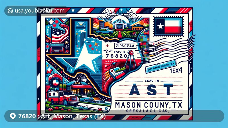 Modern illustration of Art, Mason County, Texas, showcasing postal theme with ZIP code 76820, featuring Texas state flag, Mason County outline, and iconic symbols of Art. Includes stamp, postmark, mailbox, and mail truck in vibrant style.