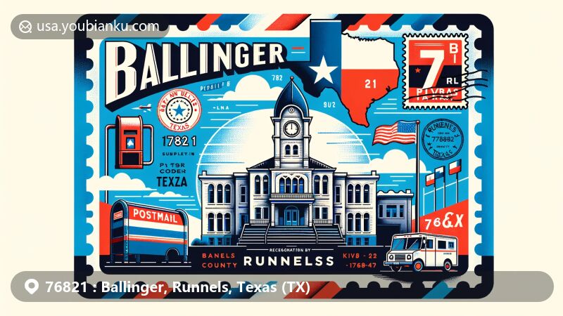 Modern illustration of Ballinger, Runnels County, Texas, featuring City Hall and Texas state flag, with postal elements like vintage stamp and postmark.