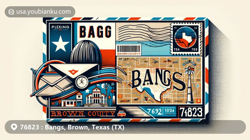 Modern illustration of Bangs, Brown County, Texas, presenting postal theme with ZIP code 76823, featuring Texas state flag, Brown County map, local landmarks, and postal stamp.