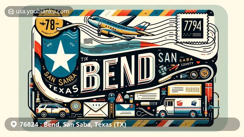 Modern illustration of Bend, San Saba County, Texas, showcasing postal theme with ZIP code 76824, featuring Texas flag, San Saba County outline, stamps, postmark, mailbox, and mail truck.