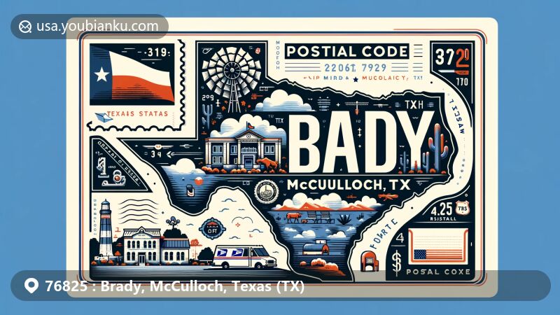 Modern illustration of Brady, McCulloch County, Texas, showcasing postal theme with Texas state flag, McCulloch County outline, and scenic spot, accompanied by postage stamp, postmark, ZIP Code, mailbox, and postal van.