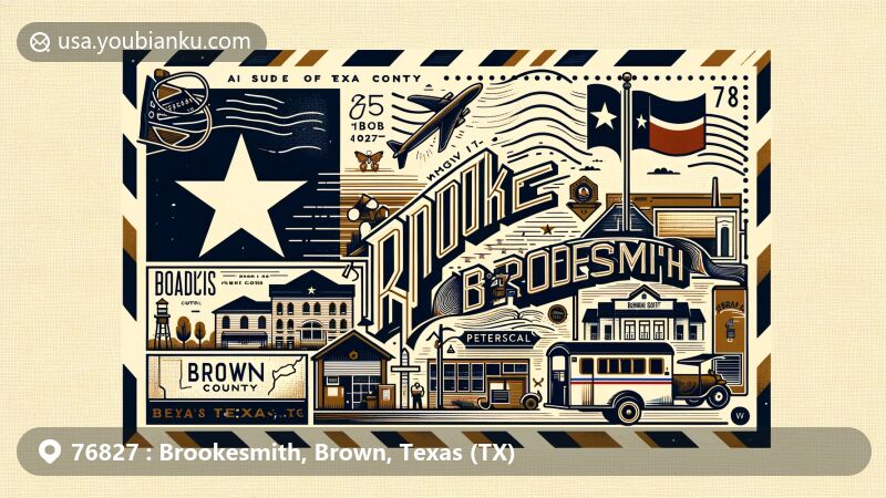 Modern illustration of Brookesmith, Brown County, Texas, showcasing postal theme with ZIP code 76827, featuring Texas state flag, unique county shape, and Brookesmith landmarks or cultural symbols.