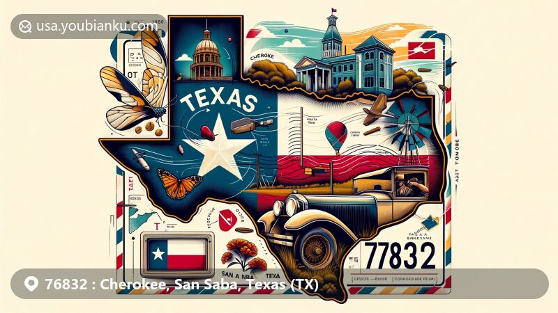 Modern illustration of Cherokee and San Saba counties, Texas, inspired by vintage airmail envelopes, featuring Texas state flag, county outlines, local landmarks, postal elements, and zipcode 76832.
