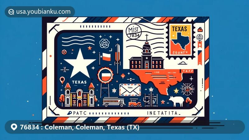 Modern illustration of Coleman County, Texas, showcasing postal theme with ZIP code 76834, featuring Texas state flag, county outline, city symbols, and postal elements.