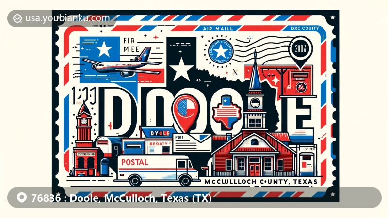 Modern illustration of Doole, McCulloch County, Texas, resembling an air mail envelope with Texas state flag, county outline, cultural landmark, and postal elements.