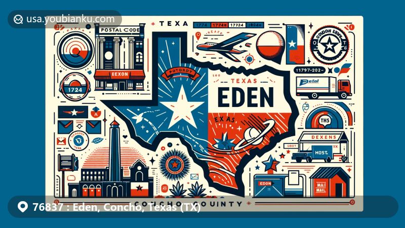 Modern illustration of Eden, Concho County, Texas, showcasing postal theme with ZIP code, state flag, local landmarks, and mail elements.