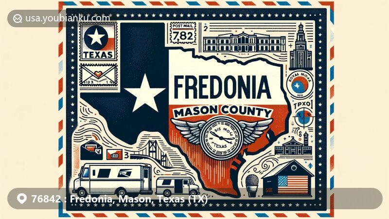 Modern illustration of Fredonia, Mason County, Texas, highlighting postal theme with ZIP code, showcasing Texas state flag, Mason County outline, and local landmarks or cultural symbols.
