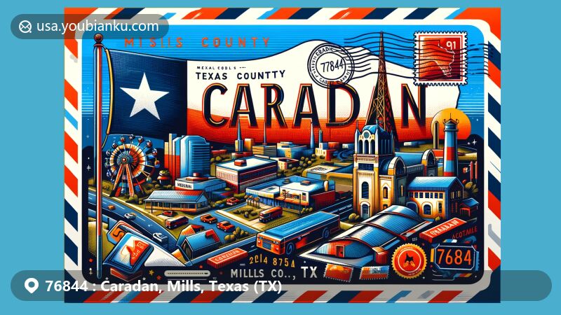 Modern illustration of Caradan, Mills County, Texas, showcasing postal theme with ZIP code 76844, featuring Texas state flag, Mills County outline, and Caradan landmarks.