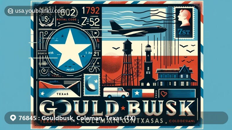 Modern illustration of Gouldbusk, Coleman, Texas, featuring airmail envelope or postcard design with Texas state flag, Coleman County landmarks, postal themes, and ZIP Code details.
