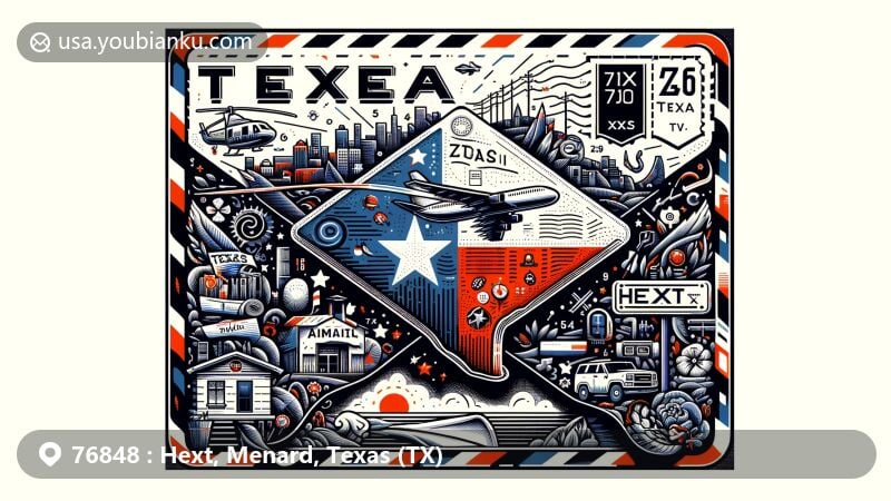Modern illustration of Hext, Menard County, Texas, highlighting airmail envelope with prominent ZIP Code, featuring Texas state symbols and Menard County map outline.
