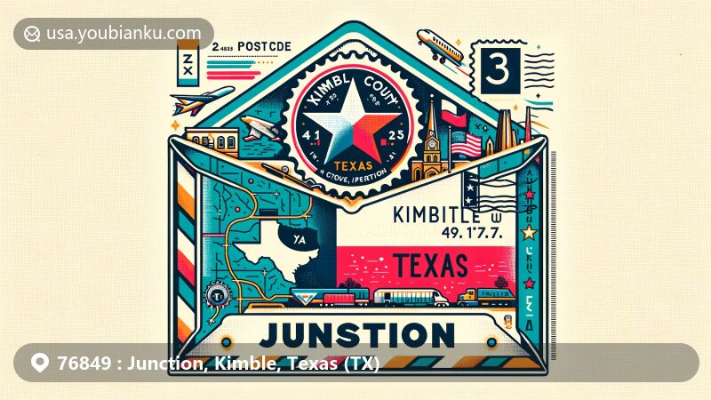 Modern illustration of Junction, Kimble County, Texas, showcasing postal theme with ZIP code, featuring airmail envelope with state flag of Texas and county map outline.