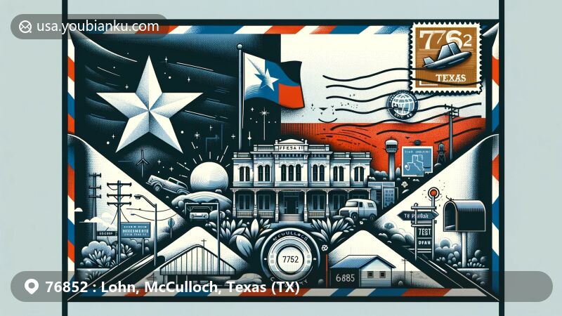 Modern illustration of Lohn, McCulloch County, Texas, featuring a stylized airmail envelope with the Texas state flag, highlighting key landmarks and cultural symbols of the area, vintage stamp with ZIP code 76852, postmark, and red mailbox.