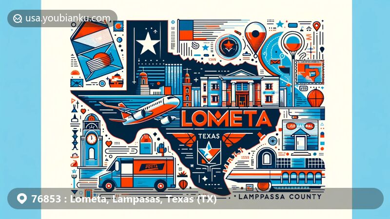Modern illustration of Lometa, Lampasas County, Texas, USA, blending local features with postal themes, featuring county outline, Texas flag, iconic landmarks, and postal elements.